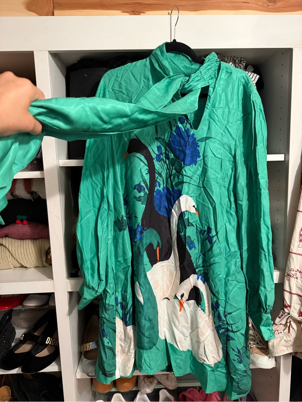 Anthropologie Caroline Green Tie-Neck dress with Swan Print